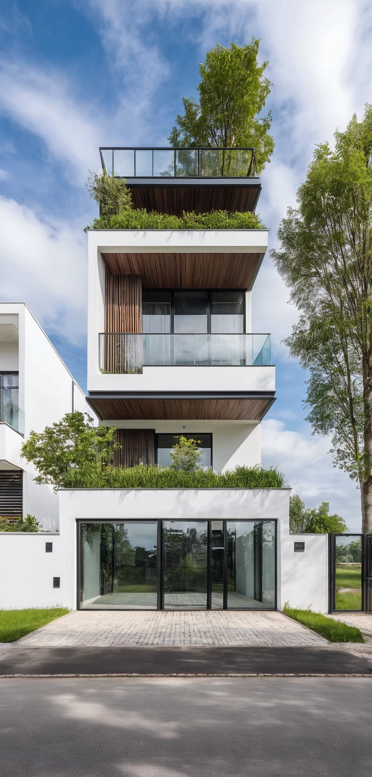 Raw photo,Masterpiece, high quality, best quality, authentic, super detail,
outdoors, house style modern,bietthuhn, white wall, glass windows, gate
road,pavement, grass, trees, sky, cloud, (day:1.1),