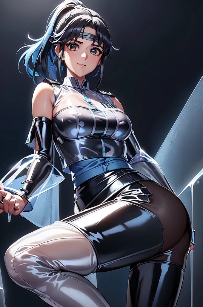 1girl,solo,(police:1.6),(blue police uniform:2.0),(blue pencil skirt:1.6)cowboy shot,standard height,standing,(black hair:1.4),long hair,ponytail,parted bangs, circlet, headband,(brown eyes:1.4),(beautiful fingers:1.6),(perfect anatomy:1.4),(arms_behind_back:1.6),(cold_shoulder:1.4),(latex luster shiny glossy metallic:1.4),(shiny_clothes:1.4),small breasts,masterpiece,best quality,(Ultra high definition eyes:1.2),8k,(Beautiful detailed eyes:1.2),(Fine and beautiful eyes:1.2),(pretty eyes:1.2),finely detail,extremely CG, absurdres,high resolution,illustration,Detailed and beautiful outlines,finely detail,high resolution,(colorful refraction:1.4,Increase saturation:1.2),beautiful lighting,dynamic lighting,closed room,black background,simple background, smile,looking at viewer,(white Clear PVC sheets sleeves:1.4),(sheer sleeves:1.4),(see-through sleeves:1.4),(wide sleeves:1.2),(blue thigh boots)