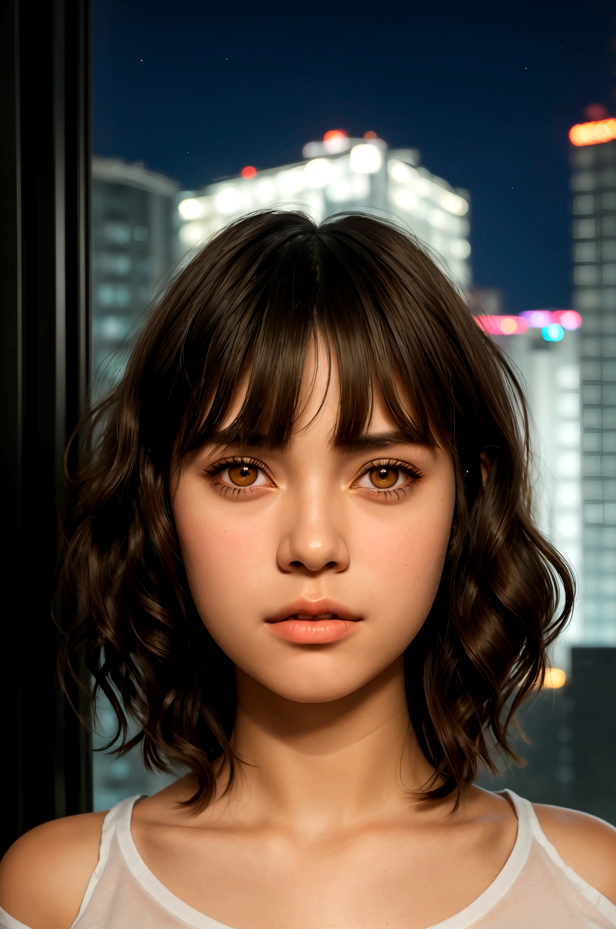 cinematic realistic portrait, front face, of a young girl, adolescent, (caucasiana), fly away, long roxa t-shirt, minimal style, Beautiful woman, ((short wavy hair with bangs)), ((honey eyes)), Pursed lips, night in an apartment, window to the city, neon lights