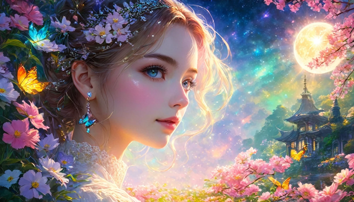 Portrait Photography、{{masterpiece}}, Highest quality, Highly detailed Unity 8k wallpaper, Cinema Lighting, Lens flare, Beautiful detailed wood々, Night Garden, colorful light, particle, Heterochromia iridis, (colorful:1.5),