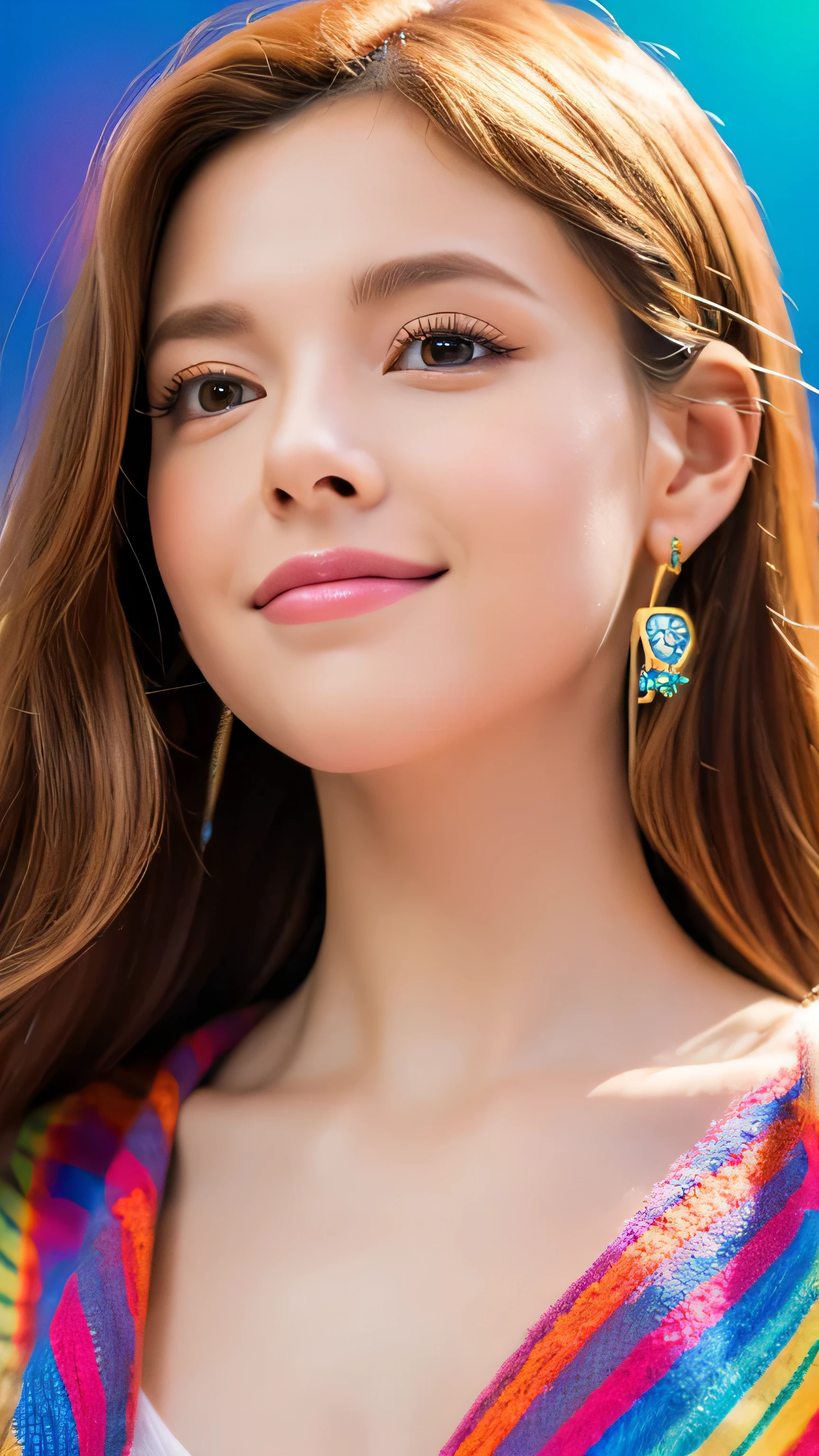 (masterpiece), (best quality), (ultra detailed), (disheveled hair), (illustration), (1girl), (bohemian chic clothing), standing, fashion model, looking at viewer, (interview), (simple background), beautiful detailed eyes, delicate beautiful face, floating, (high saturation), (colorful splashes), colorful bubble, (shining), focus on face, cheerful smile, messy ponytail, golden brown hair, hairpins, floating feathers, (freckles, earrings), (shining), best lighting, best shadow, shot with a Canon EOS R5.