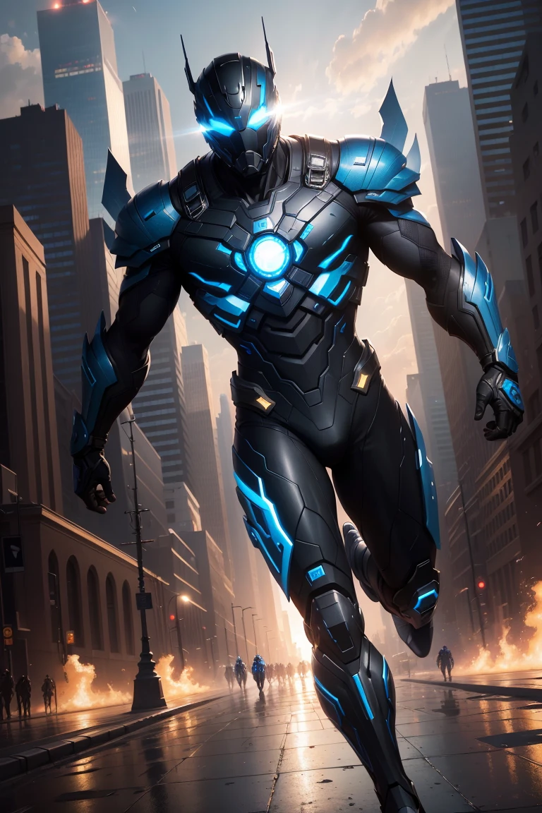 (Best Quality),(Masterpiece),(ultra detailed),(4k resolution),(extremely detailed),abstract expressionist painting "hyperion", superhero with the power to run fast, digital paint, Concept art portrait of the character, (black suit with blue), full face helmet, Big city, whole body