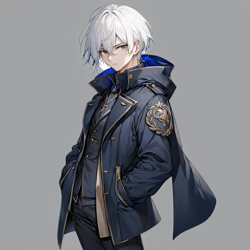 man, anime, hero, dark blue coat, white hair,Standing position, no background , High quality, dark gray pants, High quality face,