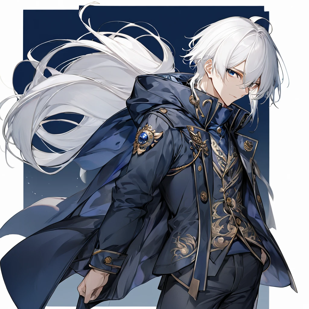 man, anime, hero, dark blue coat, white hair,Standing position, no background , High quality, dark gray pants, High quality face,
