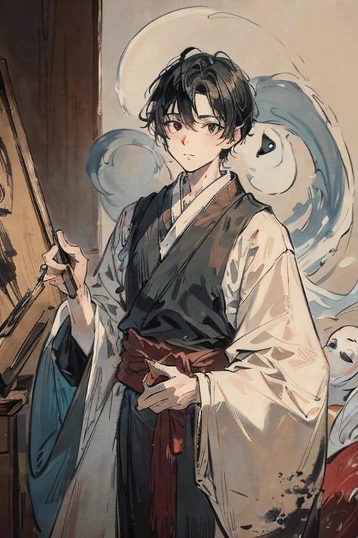 Ghost Painter,Painting an oil painting on a canvas,The gaze is directed towards the painting,Holding a large brush,Wooden palette with paints at hand,A ghost is coming out of the tip of the brush