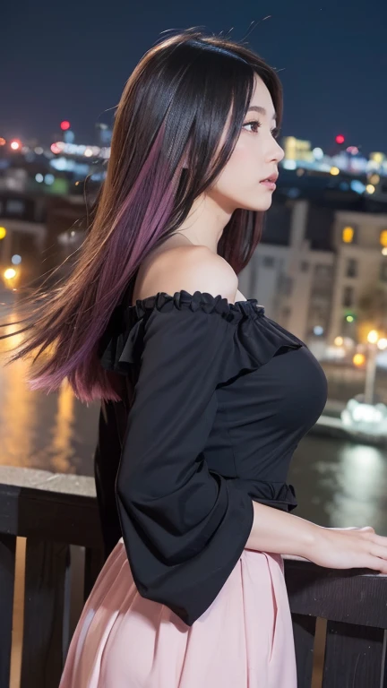 ((Highest quality)),((最high resolution)),((high resolution)),((detailed)),((High definition)),((8K)),((Perfect body)),((Perfect Face)),((Realistic)),((Real)),((Realistic)),((Beauty)),Wharf、Outdoor、night、City、night景、Black Hair、((Only the tips of the hair are pink))、Straight long hair、Very dense makeup、((Black clothes))、Black ruffled off-shoulder top、((Slanted Eyes))、White Skirt、Hair blowing in the wind、(big breasts:1.1)、((profile))、((View from the left side))、A melancholic look、(((View here)))
