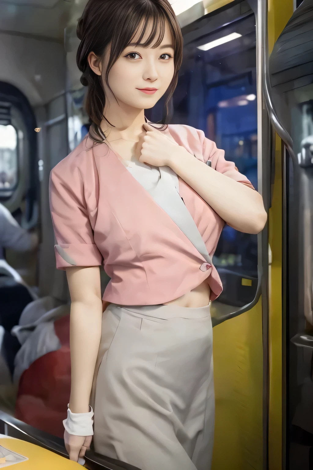 (masterpiece:1.2, Highest quality:1.2), 32k HDR, High resolution, (alone、1 girl)、 (Height: 160cm)、(On the rooftop of a building in the daytime、Professional Lighting)、Building rooftop background、(Nankai train crew uniform pinkを着たリアルスタイル)、(Nankai train crew uniform pink short sleeve collarless pink jacket、Nankai Train Crew Uniform Pink Collarless Short Sleeve Blouse、Nankai Train Crew Uniform Pink Grey Knee-length Culottes)、(The pink jacket is showing from the culottes.)、Dark brown hair、(Long hair that goes up to the chest、Let your hair down)、Long Shot、Big Breasts、Thin legs、((Great hands:2.0)),((Harmonious body proportions:1.5)),((Normal limbs:2.0)),((Normal finger:2.0)),((Delicate eyes:2.0)),((Normal eyes:2.0)))、smile、(Nankai Train Crew Uniform Pink Grey Knee-length Culottesを見せた美しい歩く姿)、Place your hands around your stomach