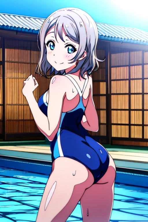watanabe you, blue eyes, love live! sunshine!!, thick, sweat, sexual excitement, gravure, nsfw, competition swimsuit, shy, anime screenshot, gravure, bend over, poolside, smile, looking back, showoff