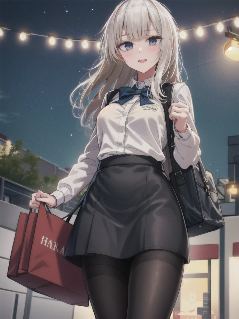 1girl, solo, female, ak-74m, white shirt, standing,cowboy shot's, blue skirt, outdoor, night, 4k, bokeh, pantyhose, carying a bag, mature woman, a date,