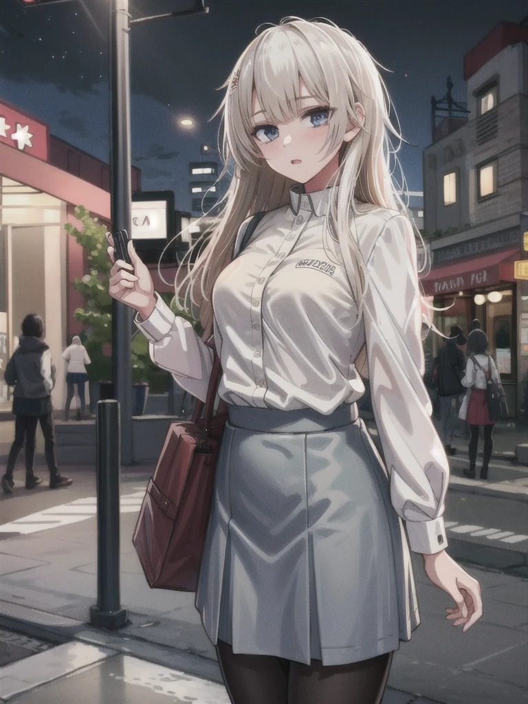 1girl, solo, female, ak-74m, white shirt, standing,cowboy shot's, blue skirt, outdoor, night, 4k, bokeh, pantyhose, carying a bag, mature woman, a date,