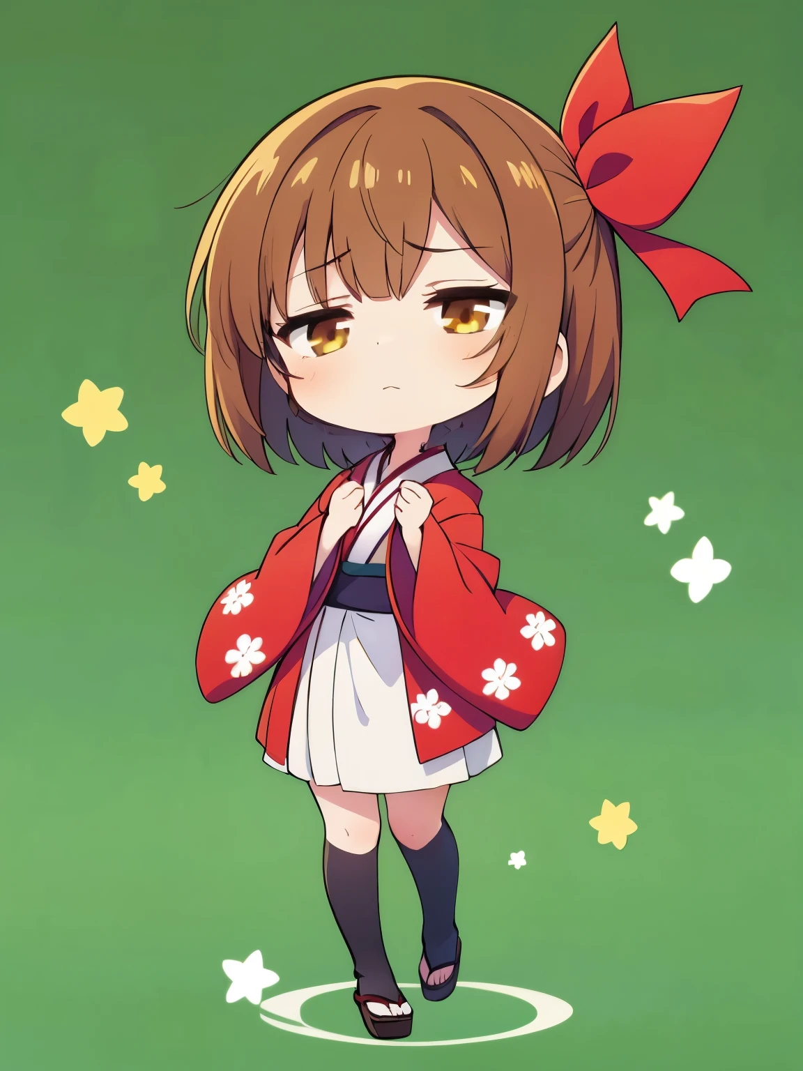 1girl,kimono,chibi,full body,green background,short hair,brown hair,brown eye,(Dozing sleepily:1.7),staning,put hands on body,put a red ribbon on your head,