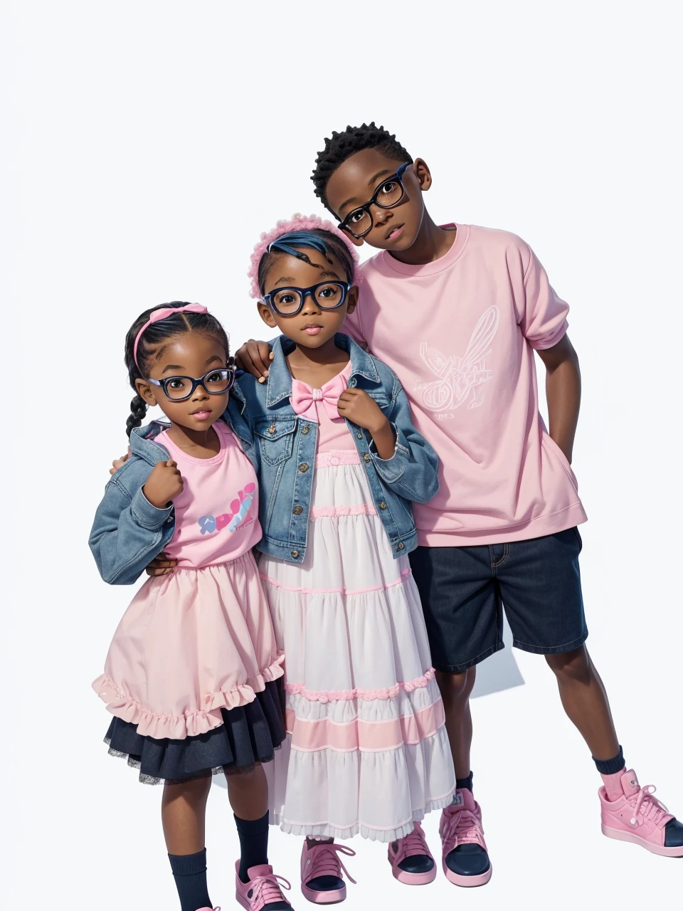 8 r oblack boy wearing kid nerd glasses, 6 yearck girl wearing cute jean jacket with pastel colored puffy ballerina tutu dress and matching pink hairbow, 5 year old blaearing pink shirt and navy blue shorts, ebony sibling, black toddlers