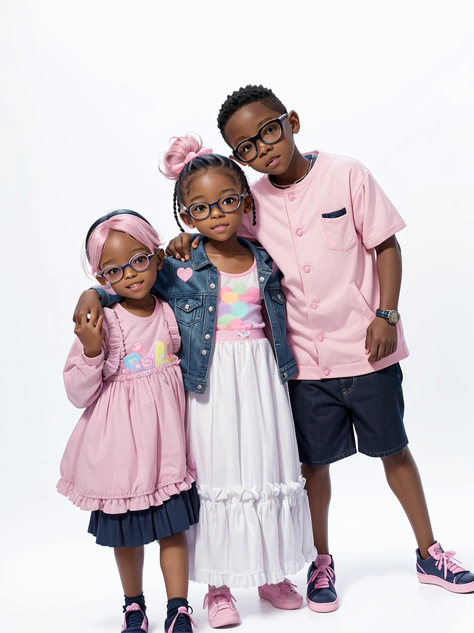 8 r oblack boy wearing kid nerd glasses, 6 yearck girl wearing cute jean jacket with pastel colored puffy ballerina tutu dress and matching pink hairbow, 5 year old blaearing pink shirt and navy blue shorts, ebony sibling, black toddlers