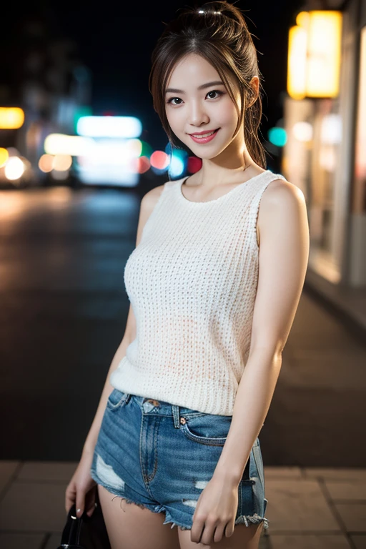 (masterpiece, best quality, extremely detailed, 8k portrait, Japanese cyborg gorgeous woman, under night sky, dimpled smile, short ponytail, cute snaggleteeth, beautiful detailed face, beautiful detailed eyess, robot android, white cyborg body, photorealistic, hyper-realism, high contrast, ultra HD, realistic skin textures, top image quality, top-quality, super high resolution, fine details, very meticulously, bokeh background, full-body shot)