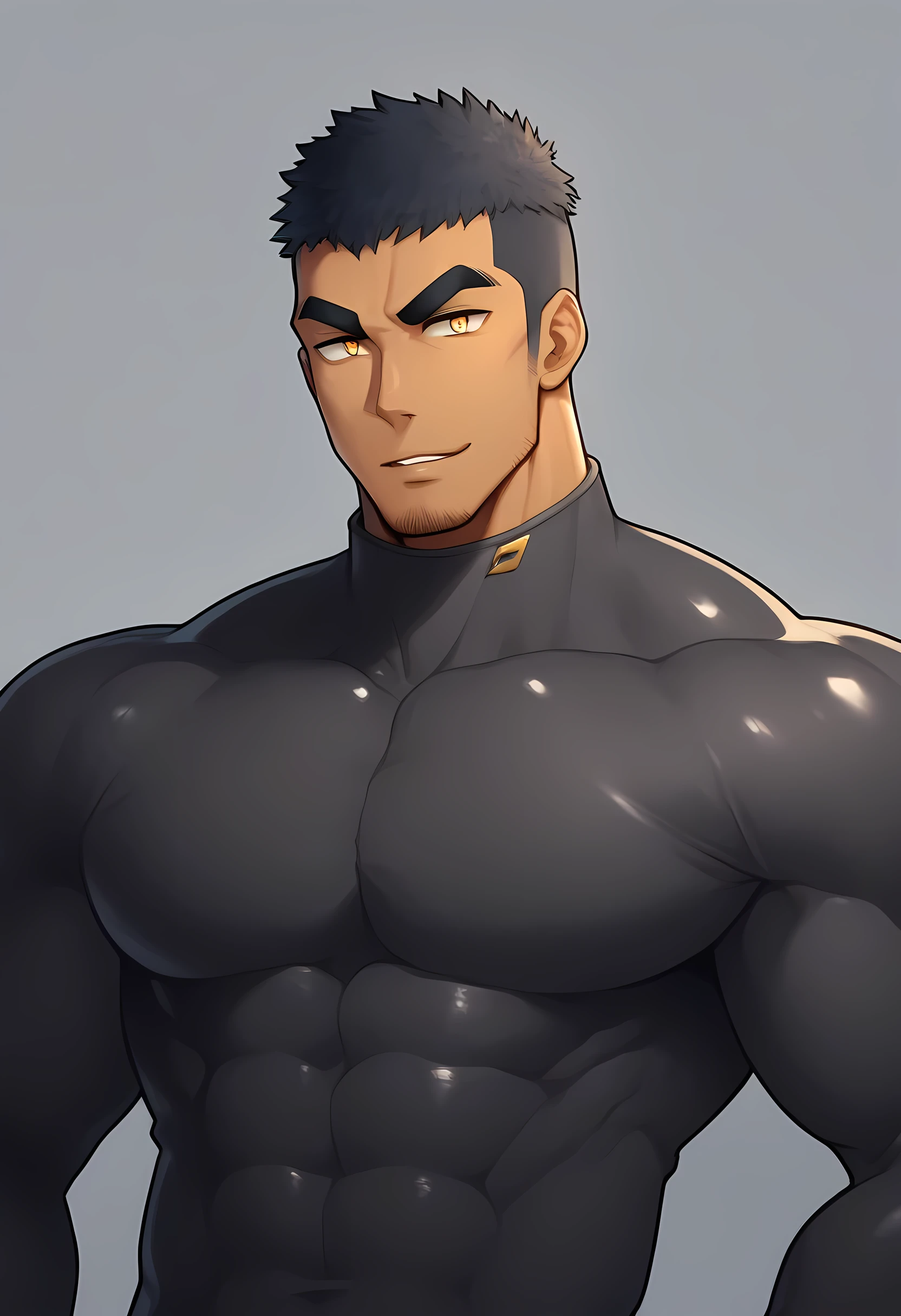 anime characters：Gyee, Muscle Sports Student, negro black skin, 1 dark skin muscular tough guy, Manliness, male focus, Dark grey high collar long sleeve wetsuit, Matte texture, Very tight, Round, full and perky chest muscles, Slightly transparent, muscular male, muscular, only, Upper body, alone, Black short hair, Thick eyebrows, stubble, Yellow eyes, Grey background, simple background, amazing quality, best aesthetics, Ridiculous, bright pupils, crew cut, parted lips, seductive smile, torogao, naughty face, drop shadow, best quality