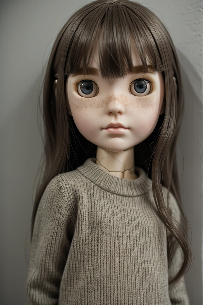 Blythe doll with pale skin, freckles, sad expression, dark drown medium length hair with no bangs, and a sweater