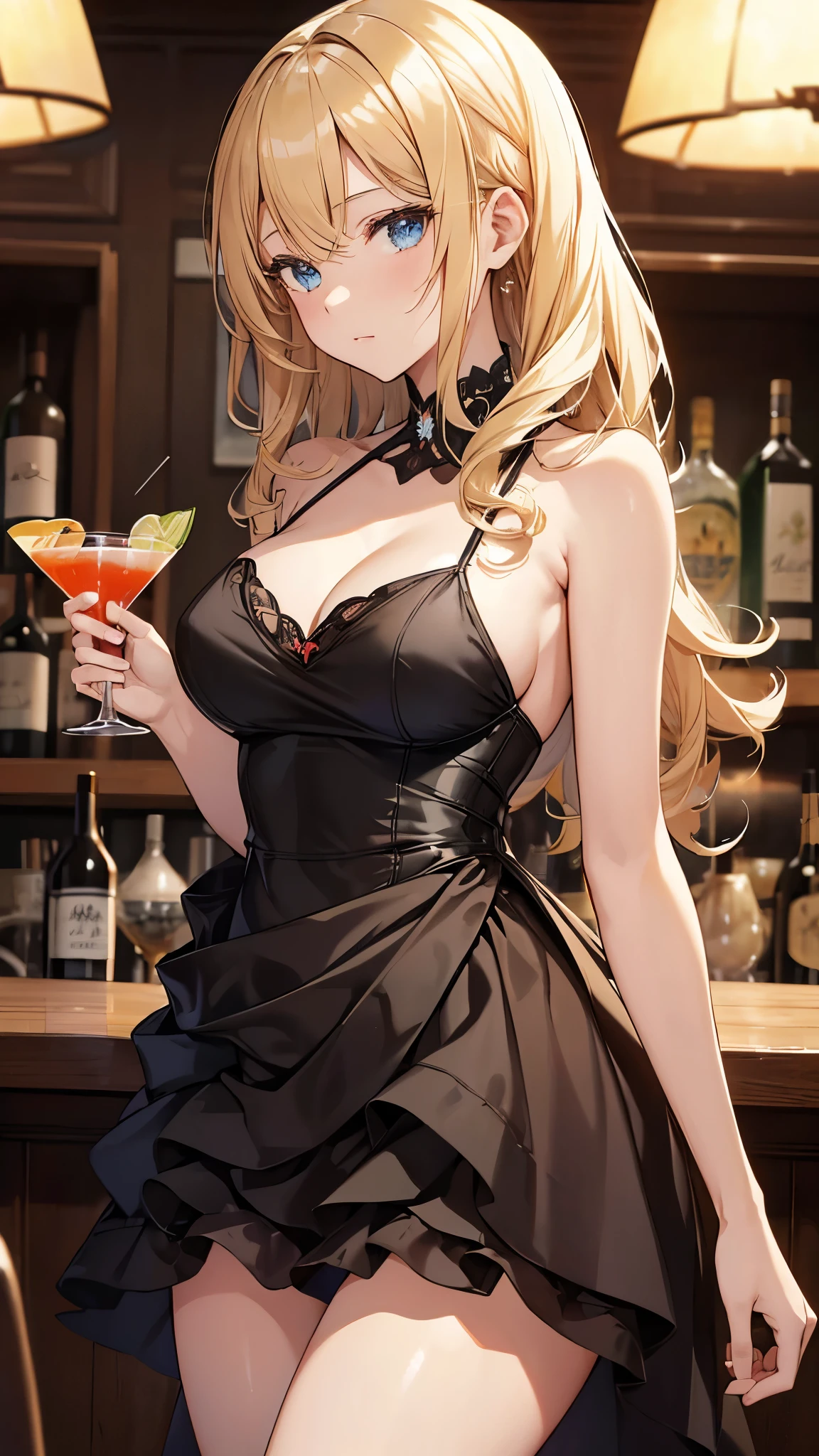 Anime girl in a black dress holding a cocktail glass,Blonde, Curly Hair, Side Lock, Big Hair, Modern, Motion Lines, Viewfinder, From the side, Ultra-high resolution, (masterpiece, Textured skin), ((Super detailed)), Highest quality, Enjoy a cocktail in a relaxed atmosphere at the authentic bar. Woman drinking martini, Gorgeous ball gown, ((1 cocktail glass)), At the bar counter