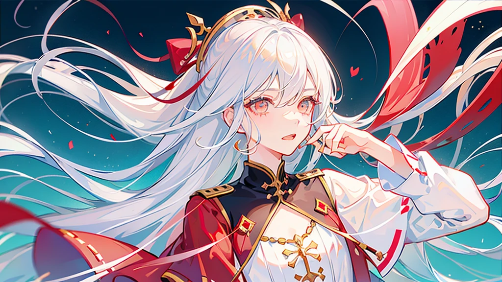 White hair, long, beautiful boy, cute, dress, androgynous, left eye white, right eye red, love, fleeting, unrequited love, solo　White background