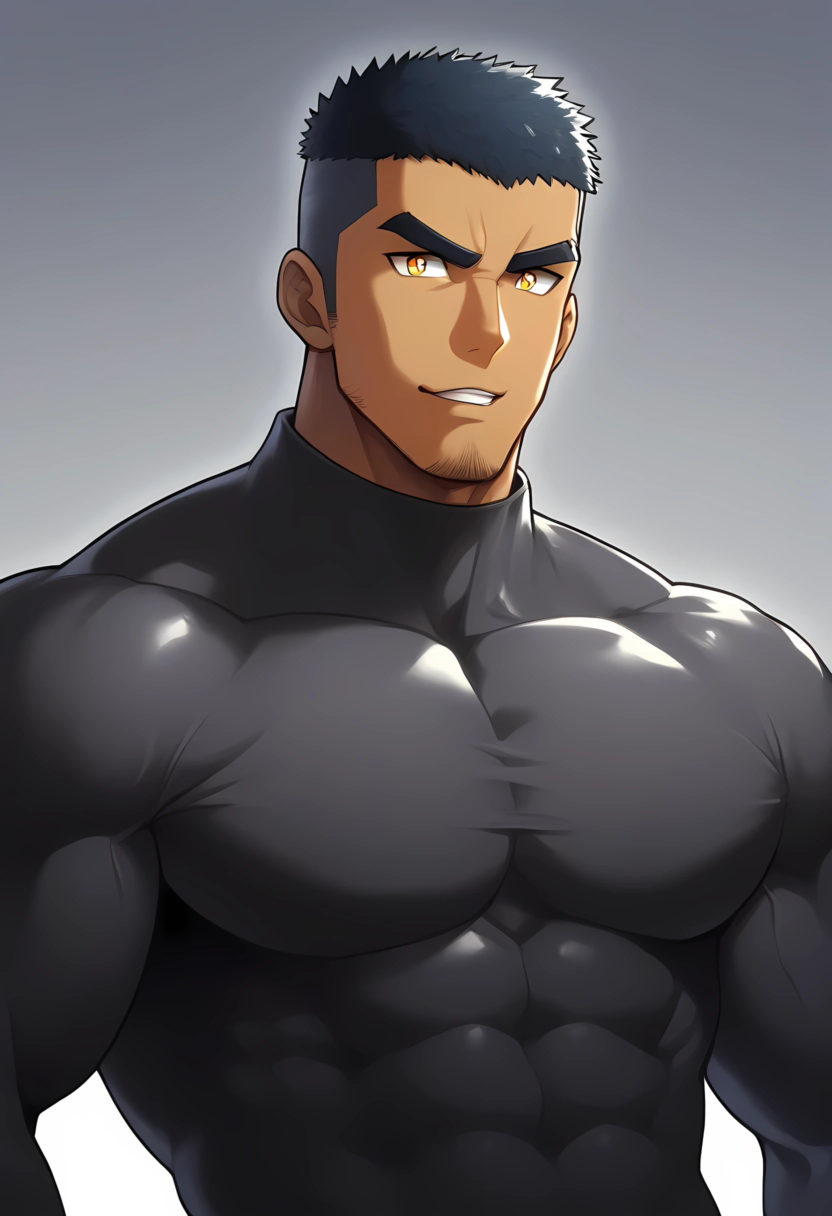 anime characters：Gyee, Muscle Sports Student, negro black skin, 1 dark skin muscular tough guy, Manliness, male focus, Dark grey high collar long sleeve wetsuit, Matte texture, Very tight, Round, full and perky chest muscles, Slightly transparent, muscular male, muscular, only, Upper body, alone, Black short hair, Thick eyebrows, stubble, Yellow eyes, Grey background, simple background, amazing quality, best aesthetics, Ridiculous, bright pupils, crew cut, parted lips, seductive smile, torogao, naughty face, drop shadow, best quality