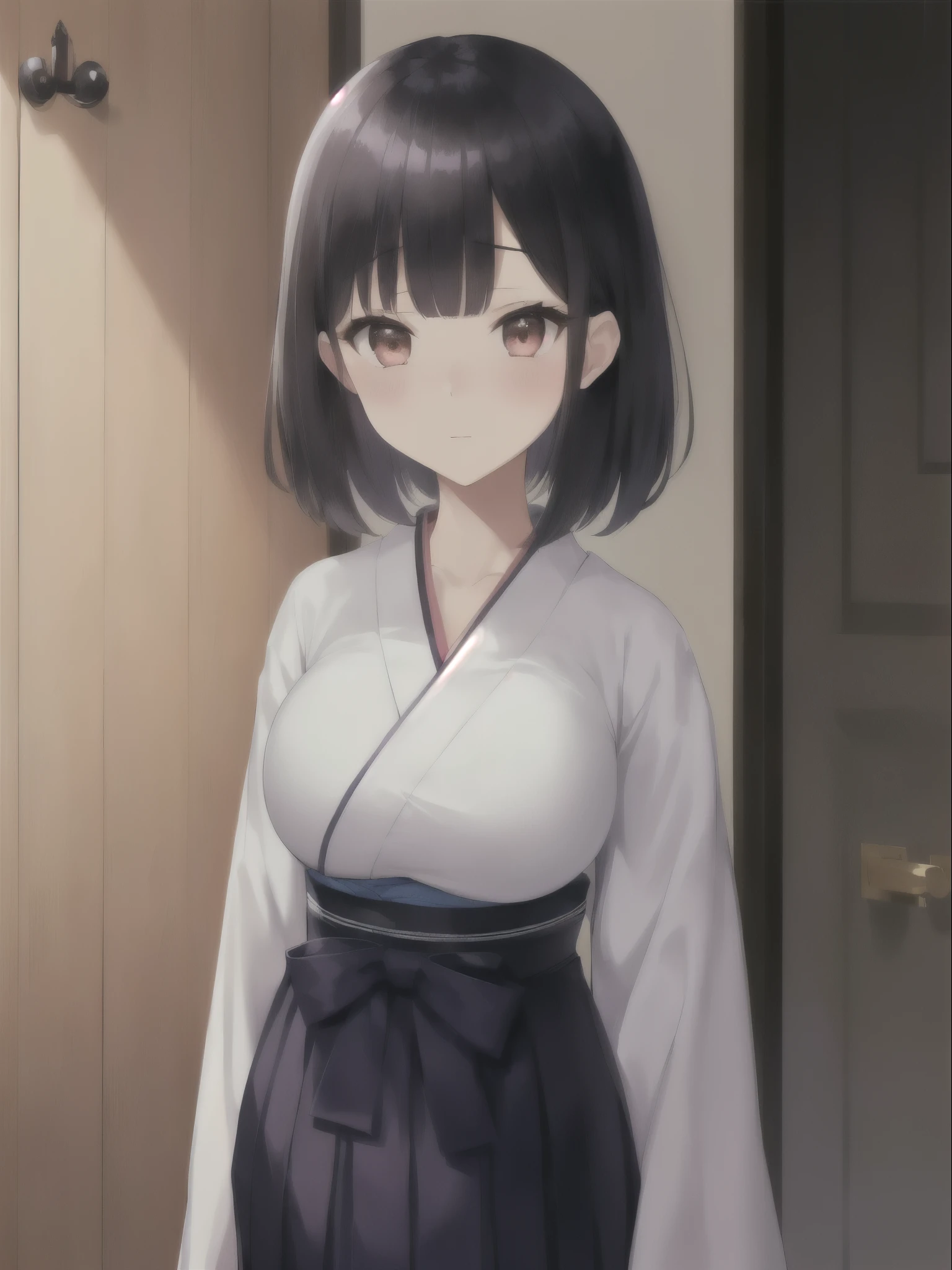 (1girl)(gigantic breasts)(ecstasy)(gigantic breasts)a girl with dark hair standing in front of a door and wardrobe, japanese clothes, 1girl, solo, black hair, hakama, skirt, blush, looking at viewer, white kimono, hakama skirt, bangs,big breasts, huge breasts, gigantic breasts