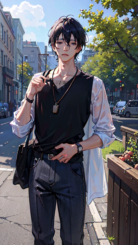 1 boy, apple, bag, bangs, berry, black hair, black shirt, blue eyes, hair between eyes, jewelry, leaf, looking at viewer, male focus, necklace, pants, shirt, solo, watch, white pants, wristwatch, messy hair, (best quality,4k,8k,highres,masterpiece:1.2),ultra-detailed,(realistic,photorealistic,photo-realistic:1.37),digital painting,concept art,trending on artstation,trending on pixiv,style of makoto shinkai