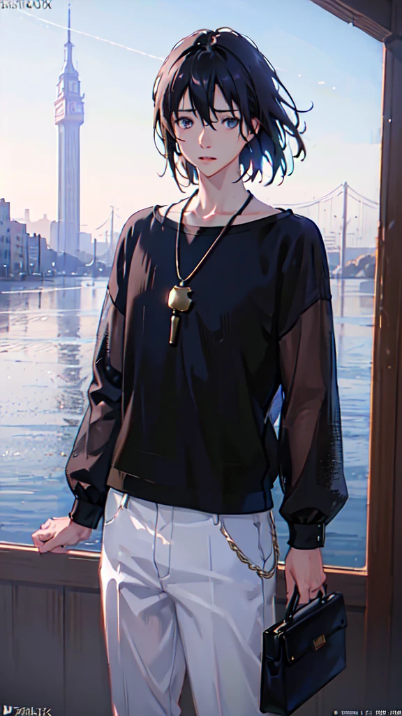 1 boy, apple, bag, bangs, berry, black hair, black shirt, blue eyes, hair between eyes, jewelry, leaf, looking at viewer, male focus, necklace, pants, shirt, solo, watch, white pants, wristwatch, messy hair, (best quality,4k,8k,highres,masterpiece:1.2),ultra-detailed,(realistic,photorealistic,photo-realistic:1.37),digital painting,concept art,trending on artstation,trending on pixiv,style of makoto shinkai