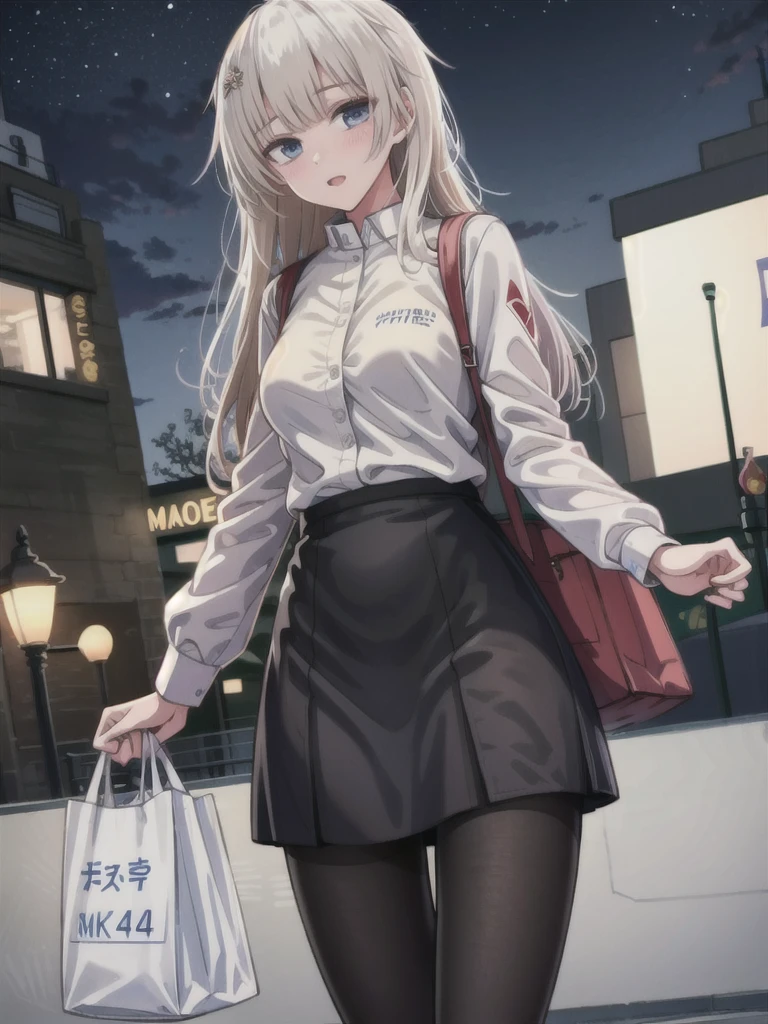 1girl, solo, female, ak-74m, white shirt, standing,cowboy shot's, blue skirt, outdoor, night, 4k, bokeh, pantyhose, carying a bag, mature woman, a date,