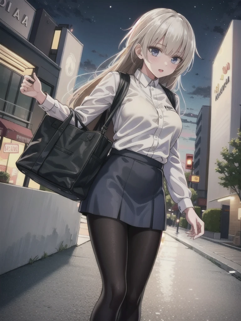 1girl, solo, female, ak-74m, white shirt, standing,cowboy shot's, blue skirt, outdoor, night, 4k, bokeh, pantyhose, carying a bag, mature woman, a date, 