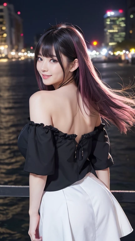((Back view)),((Look back here)),((Highest quality)),((最high resolution)),((high resolution)),((detailed)),((High definition)),((8K)),((Perfect body)),((Perfect Face)),((Realistic)),((Real)),((Realistic)),((Beauty)),Wharf、Outdoor、night、City、美しいnight景、Black Hair、((Only the tips of the hair are pink))、Straight Hair、Shoulder-length hair、Very dense makeup、Black ruffled off-shoulder top、((Slanted Eyes))、White Skirt、Hair blowing in the wind、(big breasts:1.1)、Mouth closed、smile、Exposed Skin、