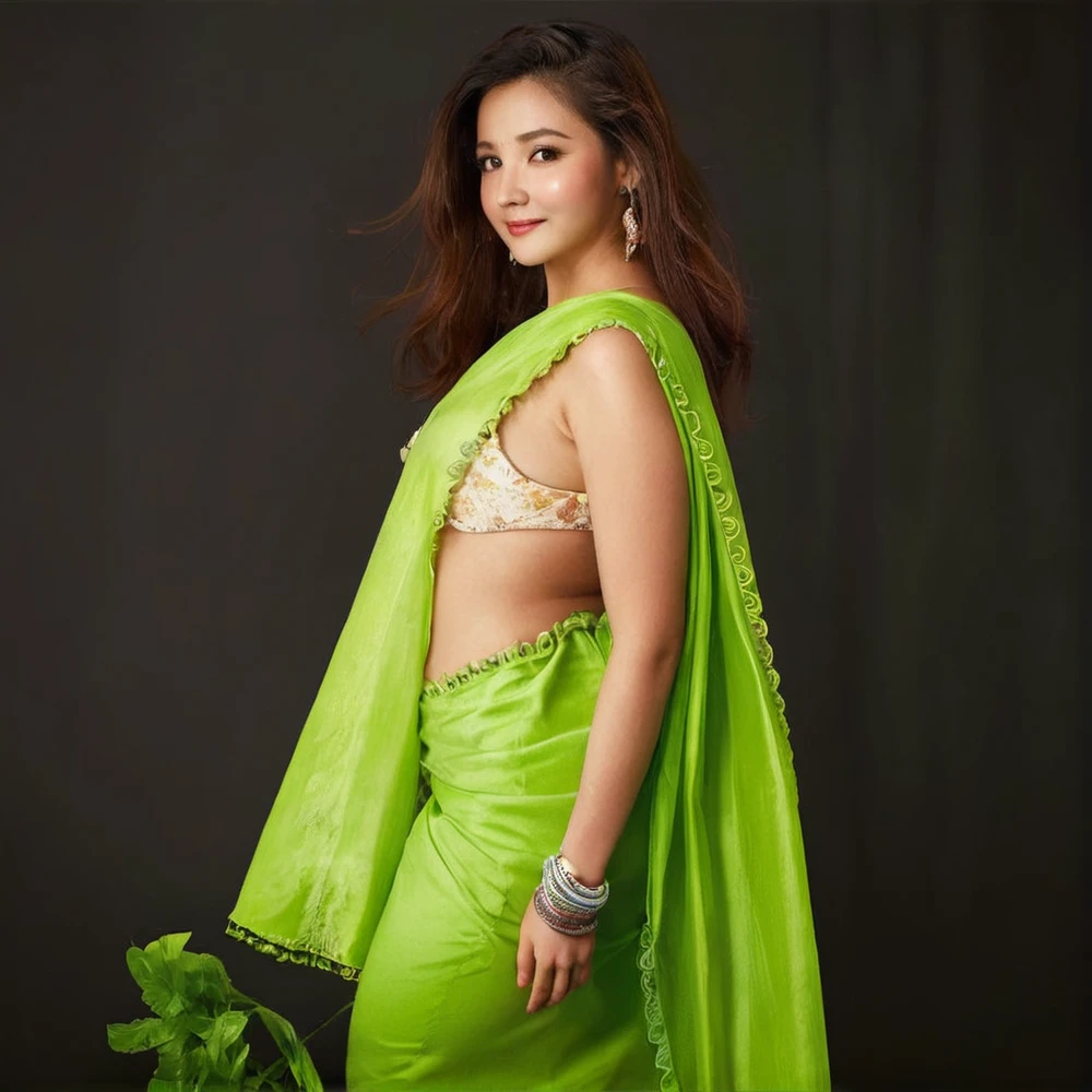 Expose cleavage, large back,large ass,large breast,looking cute,white body colour,cute smile,teeth is visible,