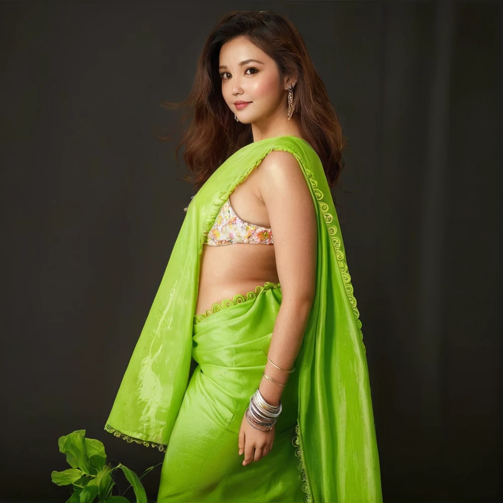 Expose cleavage, large back,large ass,large breast,looking cute,white body colour,cute smile,teeth is visible,