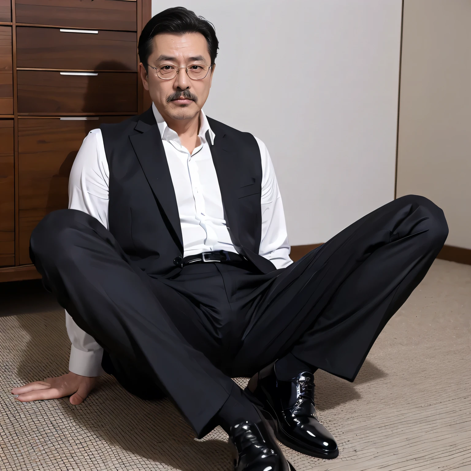 55 years old，Kogoro Mori，uncle，，Convex，in office，Wear black，anti-slip leather shoes，beard，toughness，Drooling in the mouth，HD，artwork，Charming and sexy expression pose，full of enjoyment，Very shy，exposed，Spread your legs and straighten them，Wear a suit，Trousers，A large protrusion with masculine characteristics，Wear black socks，The crotch has columnar protrusions，Sole viewing angle，Floor perspective, Ecstasy expression/Gender，Sweating