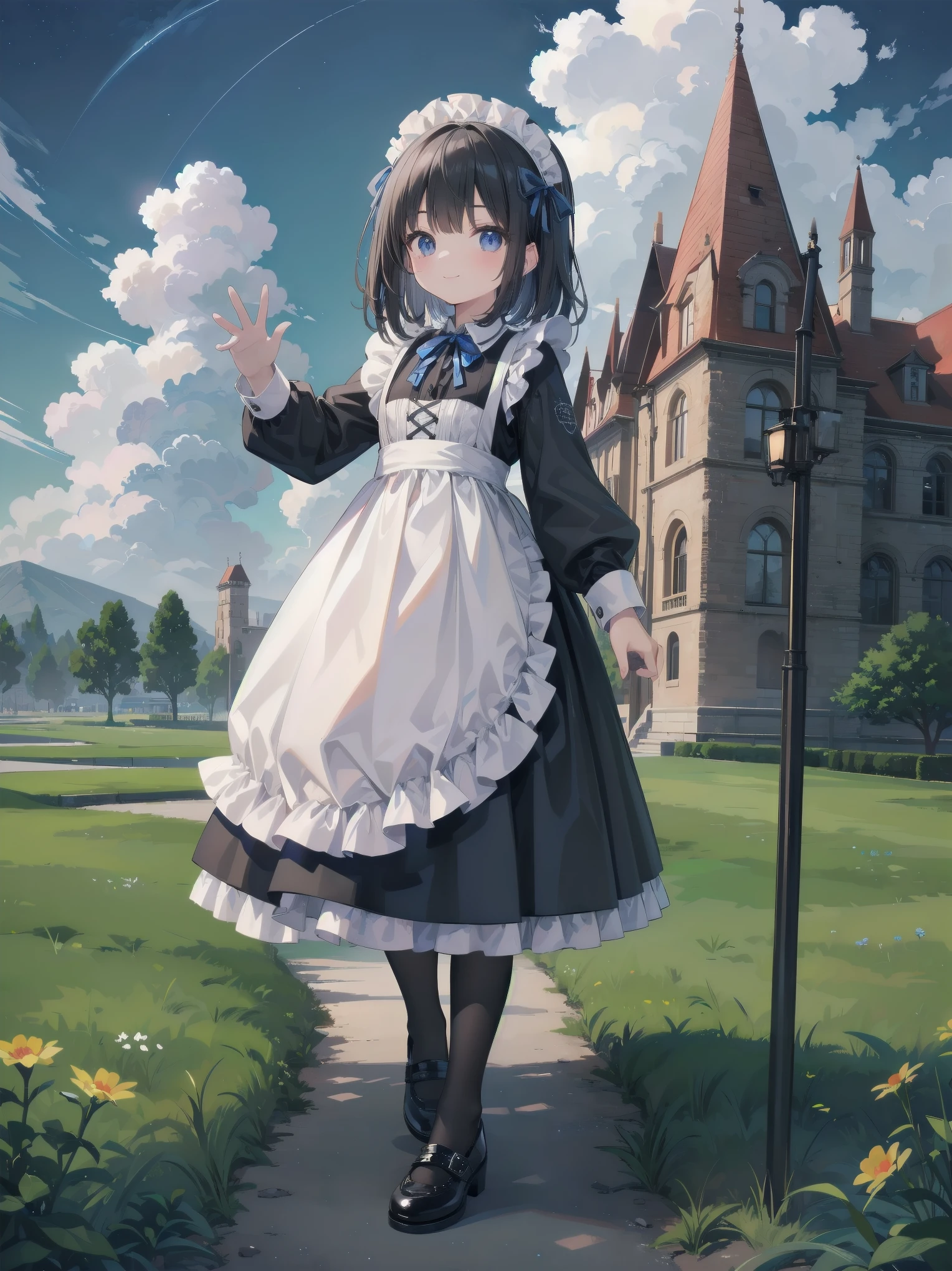 ((Very fine, Very fine CG Unity 8k Wallpaper, High Resolution, Absurd, Beautiful fine details, Very fine hair)), ((Masterpiece)), Outdoors, Sky, Clouds, Grass, ((Beautiful fine details)), Fashionable, One Girl, A  smiling under the stars, a toddler wearing a maid hat with ruby accessories, she is wearing a white and black gothic maid dress with navy blue ribbon. Black stockings, black shoes, cute, super cute toddler maid