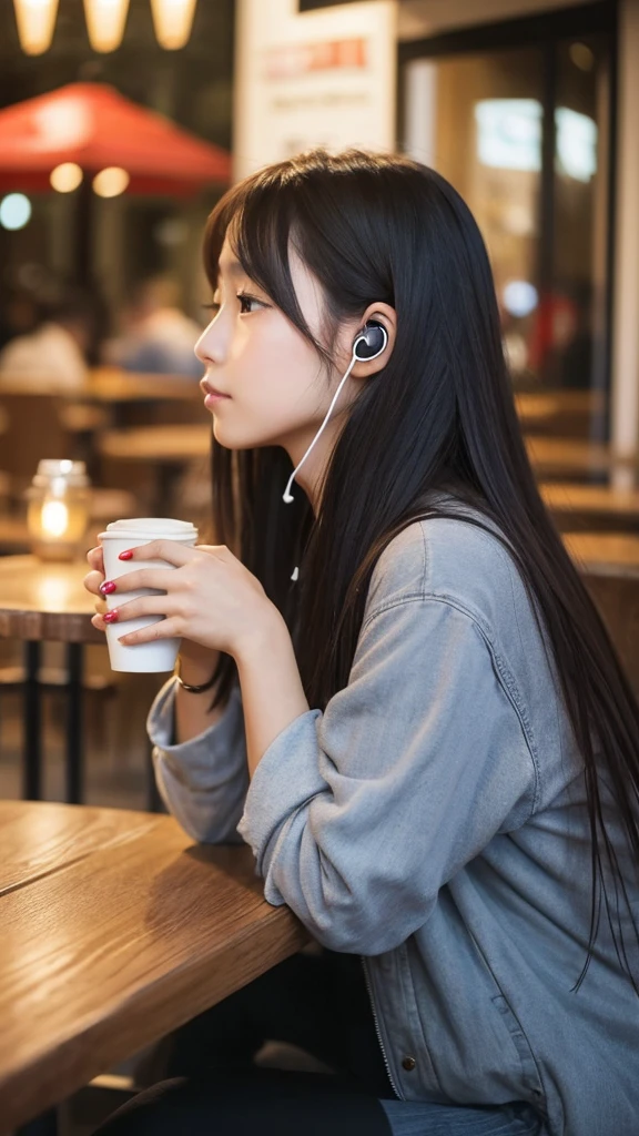 Cafe drinking coffee Japanese girl in her 20s listening to music with earphones looking at camera with sad face profile