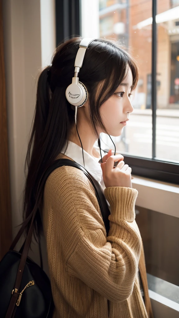 Cafe drinking coffee Japanese girl in her 20s listening to music with earphones looking at camera with sad face profile