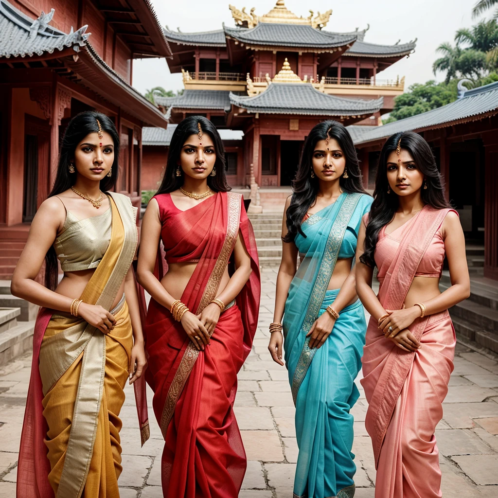 Three married indian women, wearing saree, arogant and killer looks, sharp eyes, a elegance house like temple in the background, half body