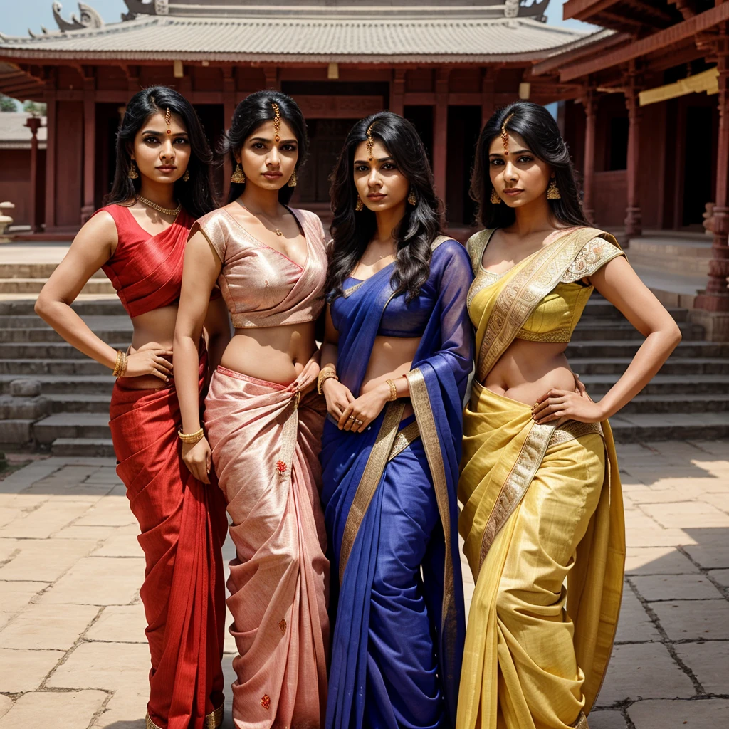 Three married indian women, wearing saree, arogant and killer looks, sharp eyes, a elegance house like temple in the background, half body