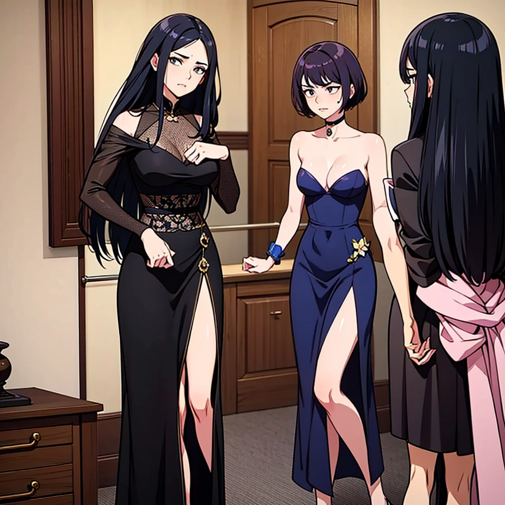 Two beautiful women facing each other and arguing violently。There was a look of anger on their faces.、Clenching his fist。One woman has short hair and is dressed casually.、The other woman has long hair and is elegantly dressed.。Both of them have model-like features and figures.。The background is a simple room、A little bit of furniture and accessories are visible.。The whole scene has an air of tension and conflict.
