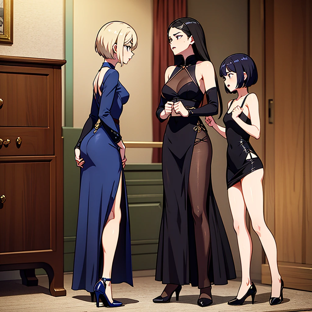 Two beautiful women facing each other and arguing violently。There was a look of anger on their faces.、Clenching his fist。One woman has short hair and is dressed casually.、The other woman has long hair and is elegantly dressed.。Both of them have model-like features and figures.。The background is a simple room、A little bit of furniture and accessories are visible.。The whole scene has an air of tension and conflict.