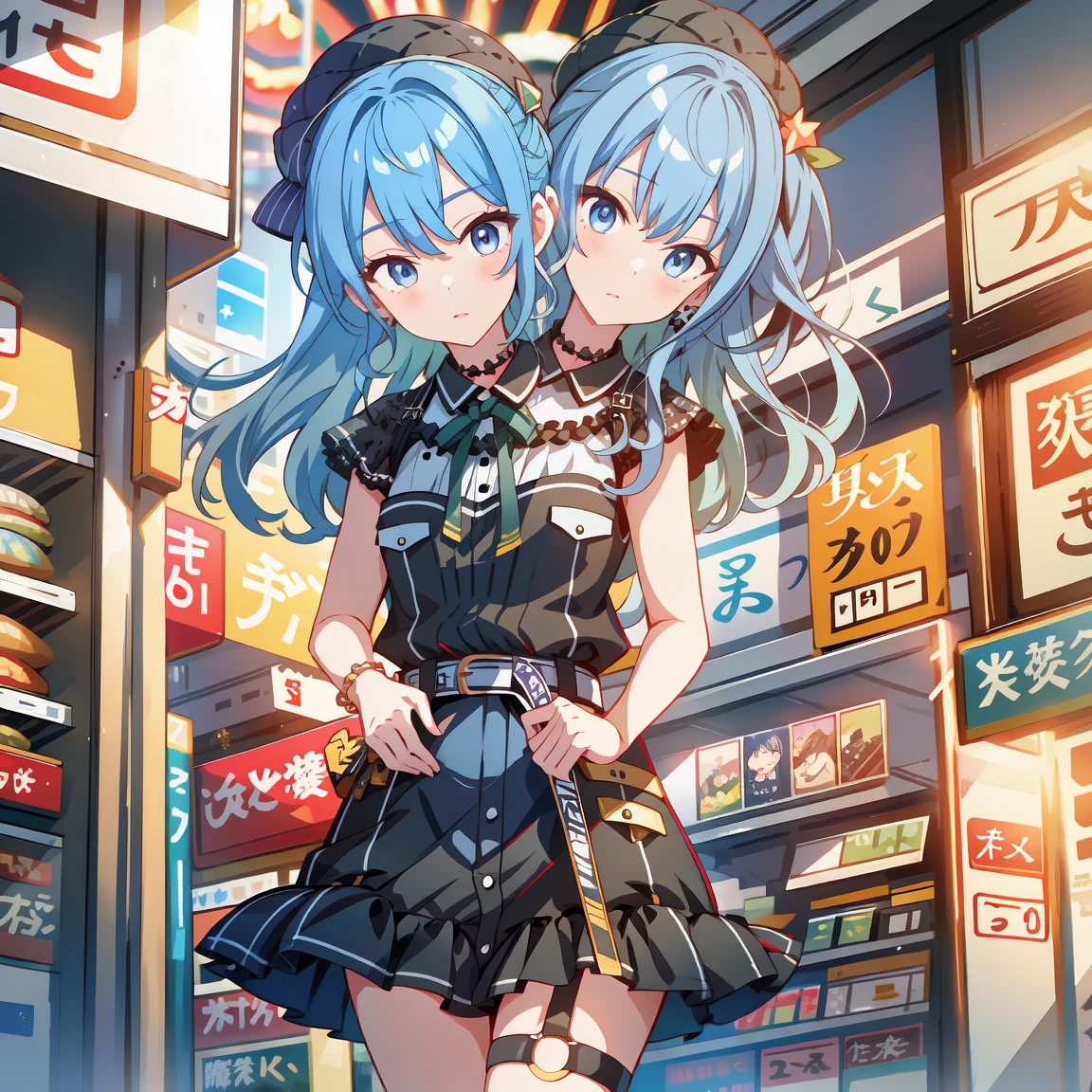 (masterpiece, best quality), best resolution, 16k, BREAK close-up, BREAK, (2heads:1.5), (cheek-to-cheek), 1girl, solo, BREAK sui2, one side up, hoshimachi suisei, orange pantyhose, green ribbon, black skirt, star \(symbol\), off shoulder, blue jacket, jewelry, short sleeves, thigh strap, black shirt, lace choker, miniskirt, neck ribbon, green bow, black choker, belt, BREAK ((hand holding a wallet)), walking, BREAK ((eyes up looking sideways:1.3)), BREAK surprised, frustrating, close mouth, BREAK city, Shopping Street, street vendor, morning