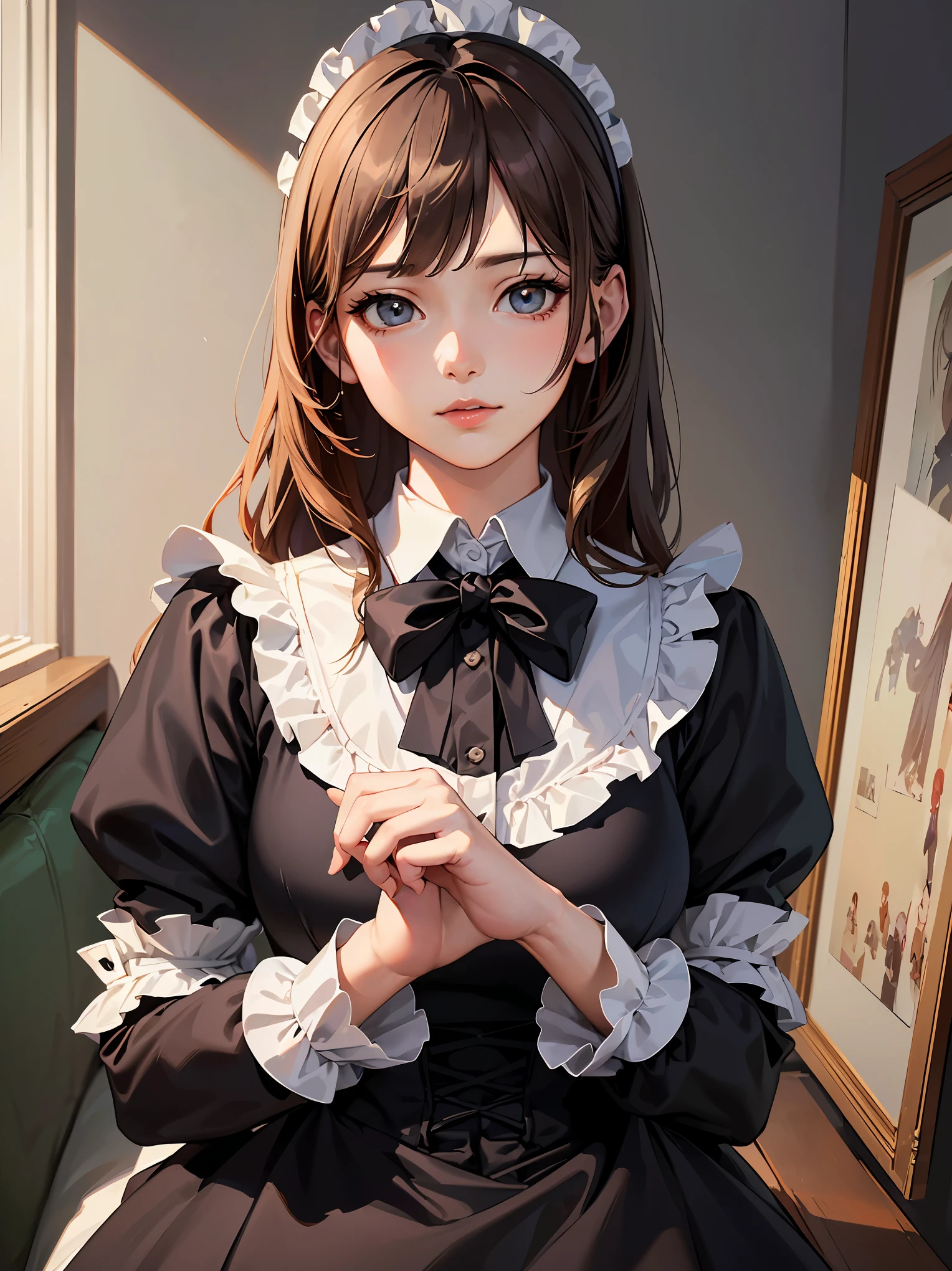 (Highest quality、16K、masterpiece、Ultra-high resolution、Victorian era、Photorealistic:1.2)、Maid Girl、solo、One person、Beautiful and detailed、2020Perfectly detailed illustrations created by a master anime illustrator of the 20th century、Tsundere、Heroine's Attributes、Artistic shading、Perfect Face、Detailed portrait、
