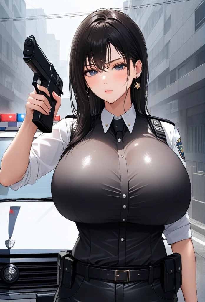 ((best quality, 8k, masterpiece: 1.3)), sharp: 1.2, Perfect body beauty: 1.4, Slim abdominal muscles: 1.2, ((Layered Hairstyle, Large : 1.2)), (wet White Button Shirt: 1.1), (Bulletproof police car, street: 1.2), wet: 1.5, Highly detailed face and skin texture, Delicate eyes, Double eyelids, Look sideways at the camera, White police uniform, tall and big, Army insignia, bulletproof vest, Intercom, Female soldier aiming pistol at camera, Armed at all points, Black leather pants, Special Forces, stud earrings, cleavage