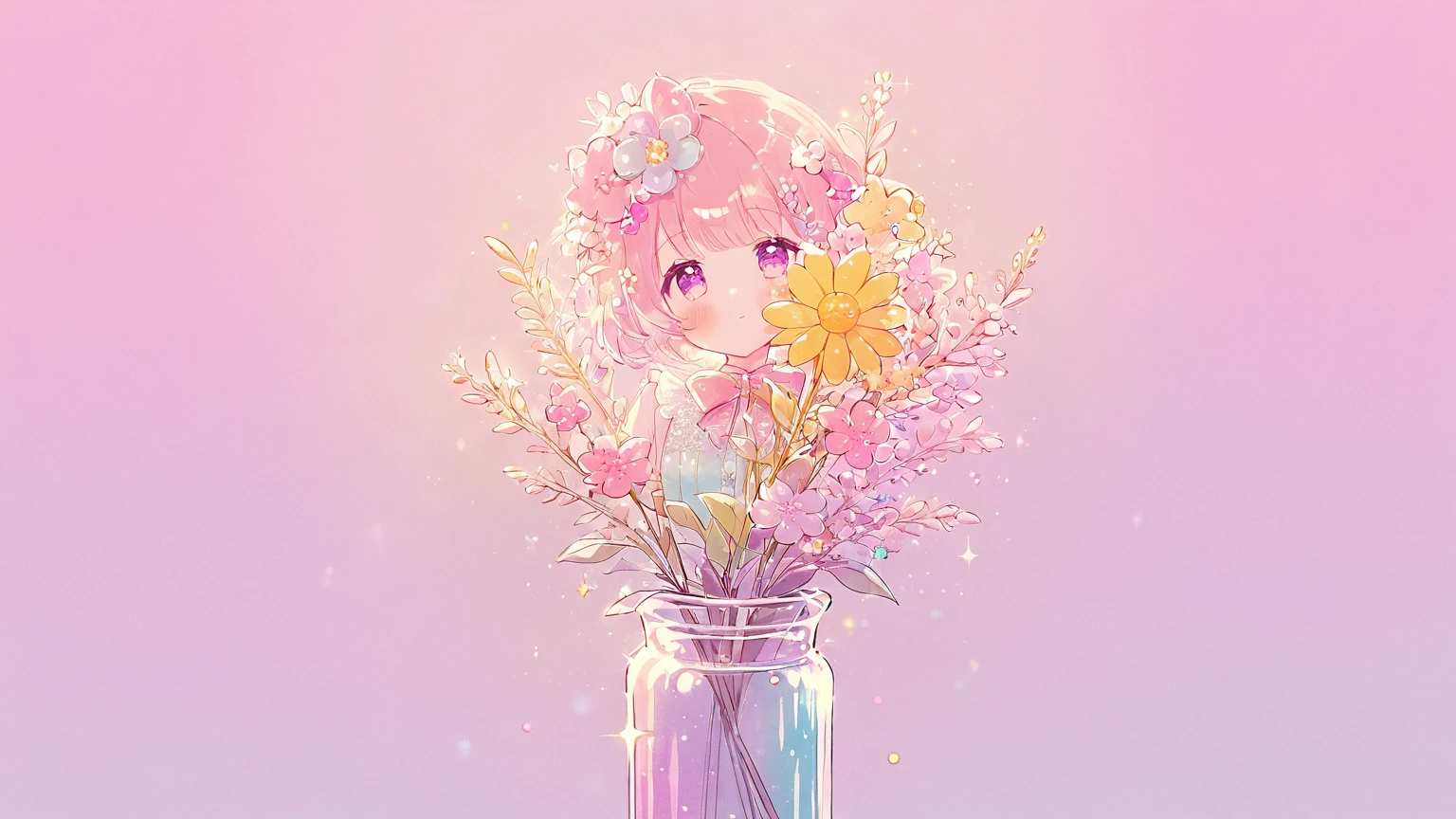 kawaii, no humans, pastel colors, a single flower stem in a tall, slim vase, perfectly placed in the only bit of sunshine, glitter