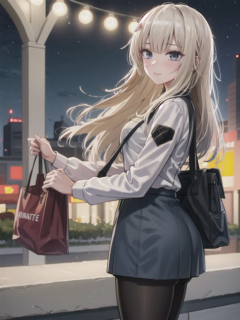 1girl, solo, female, ak-74m, white shirt, standing,cowboy shot's, blue skirt, outdoor, night, 4k, bokeh, pantyhose, carying a bag, mature woman, a date, 