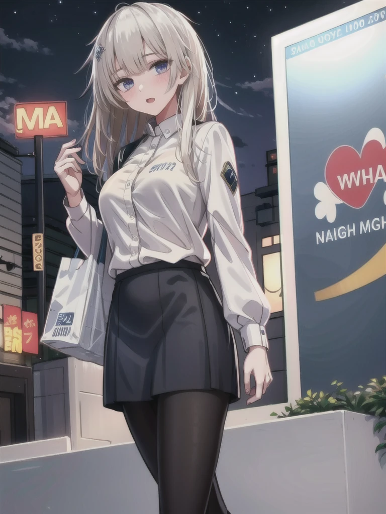 1girl, solo, female, ak-74m, white shirt, standing,cowboy shot's, blue skirt, outdoor, night, 4k, bokeh, pantyhose, carying a bag, mature woman, a date,