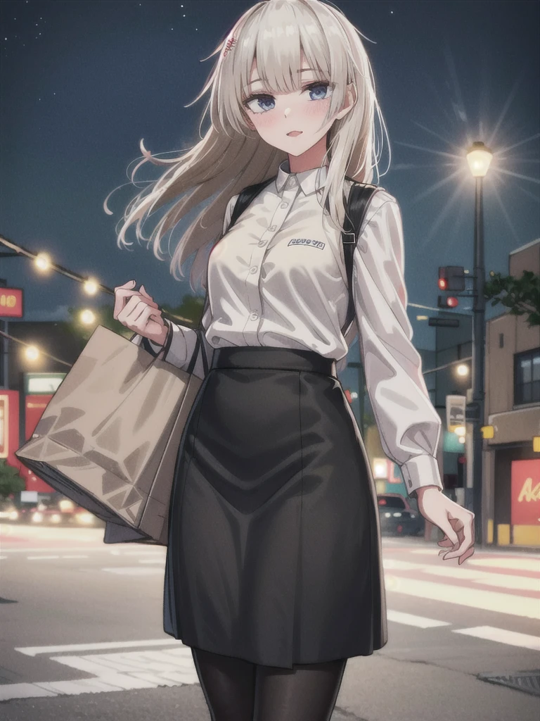 1girl, solo, female, ak-74m, white shirt, standing,cowboy shot's, blue skirt, outdoor, night, 4k, bokeh, pantyhose, carying a bag, mature woman, a date,