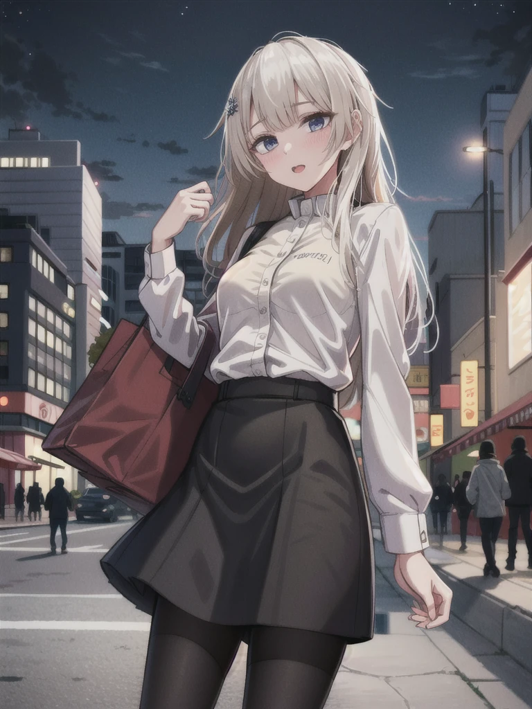 1girl, solo, female, ak-74m, white shirt, standing,cowboy shot's, blue skirt, outdoor, night, 4k, bokeh, pantyhose, carying a bag, mature woman, a date, 