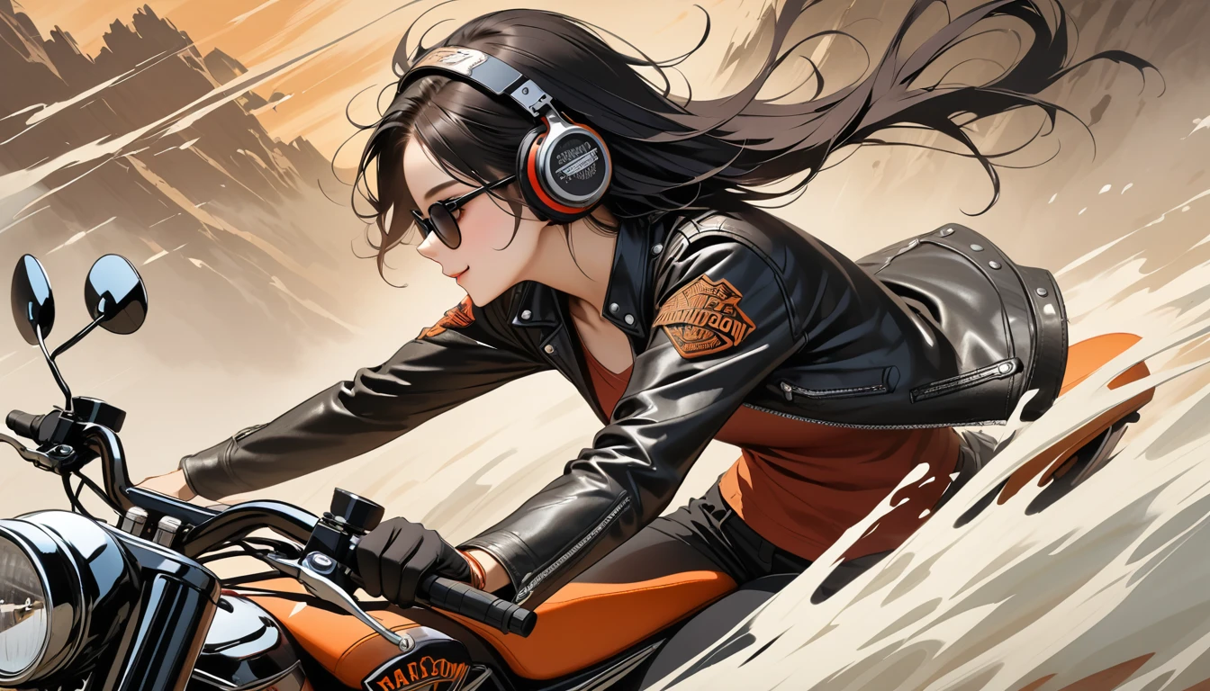 ((8k of extremely detailed CG unit, Masterpiece, high resolution, highest quality, highest quality real texture skin)), (((profile))), (((Japanese pattern leather jacket))), (((Harley-Davidson))), (((Japanese style headphones))), (((sunglasses))), (((Smiling while driving a motorcycle))), (((Japanese patterned helmet))), ((1 girl)), (Black hair, messy hair, beige skin), (surreal, digital painting), (((Upper Body)))