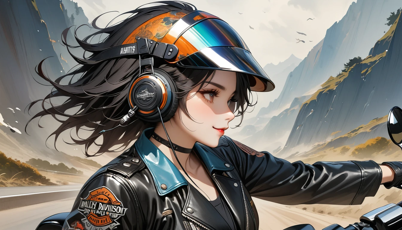 ((8k of extremely detailed CG unit, Masterpiece, high resolution, highest quality, highest quality real texture skin)), (((profile))), (((Japanese pattern leather jacket))), (((Harley-Davidson))), (((Japanese style headphones))), (((sunglasses))), (((Smiling while driving a motorcycle))), (((Japanese patterned helmet))), ((1 girl)), (Black hair, messy hair, beige skin), (surreal, digital painting), (((Upper Body)))