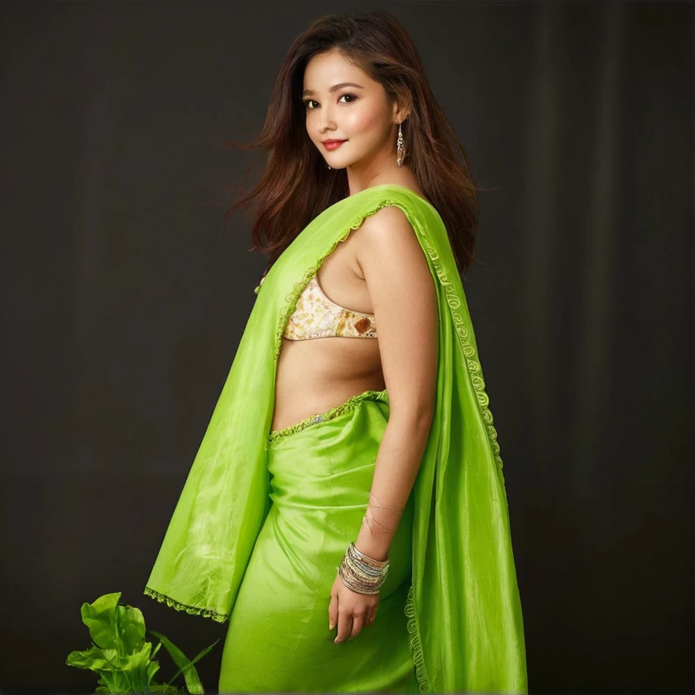 Expose cleavage, large back,large ass,large breast,looking cute,white body colour,cute smile,teeth is visible,